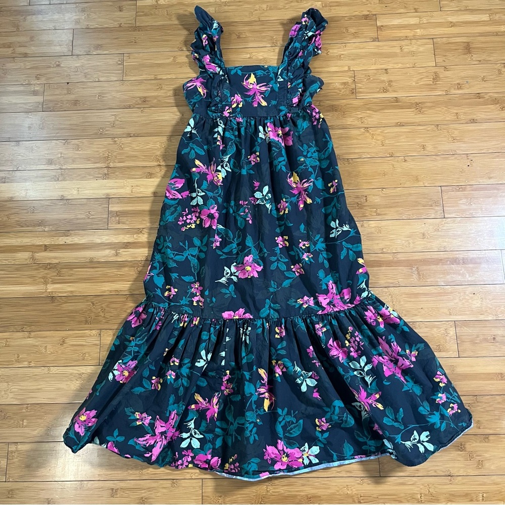 The Drop Navy Jewel Tone Poplin Cotton Floral Ruffle Square Neck Maxi Dress - Picture 3 of 14